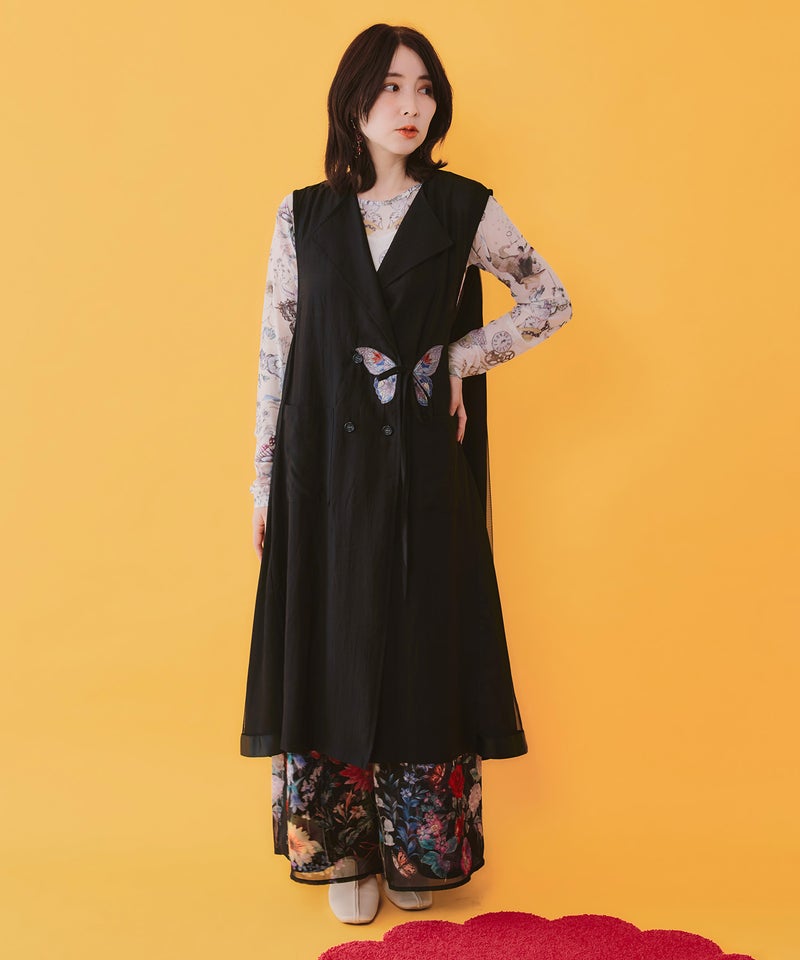 ワンポイント蝶刺繍ロング丈ジレ-1