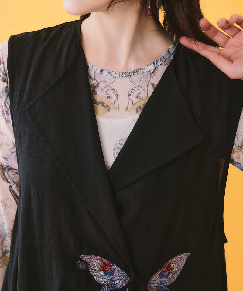 ワンポイント蝶刺繍ロング丈ジレ-9