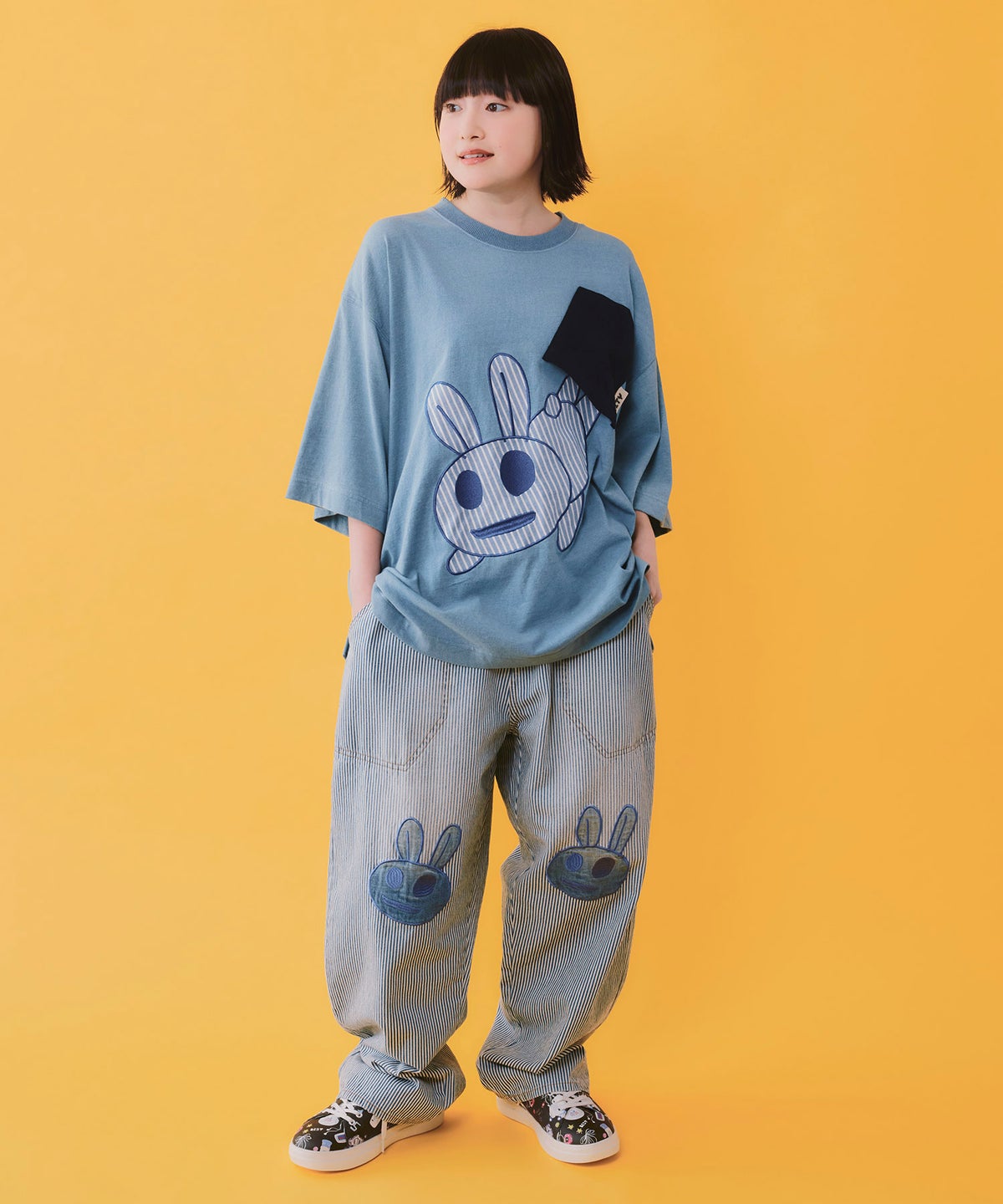 ヒッコリーorデニム 膝アップリケパンツ-9
