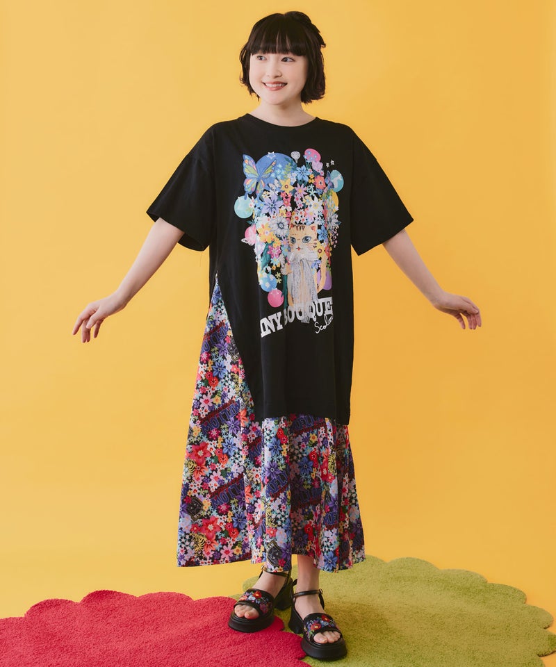 レースリボン×花ネコプリント 花柄スリット切替ワンピース-1