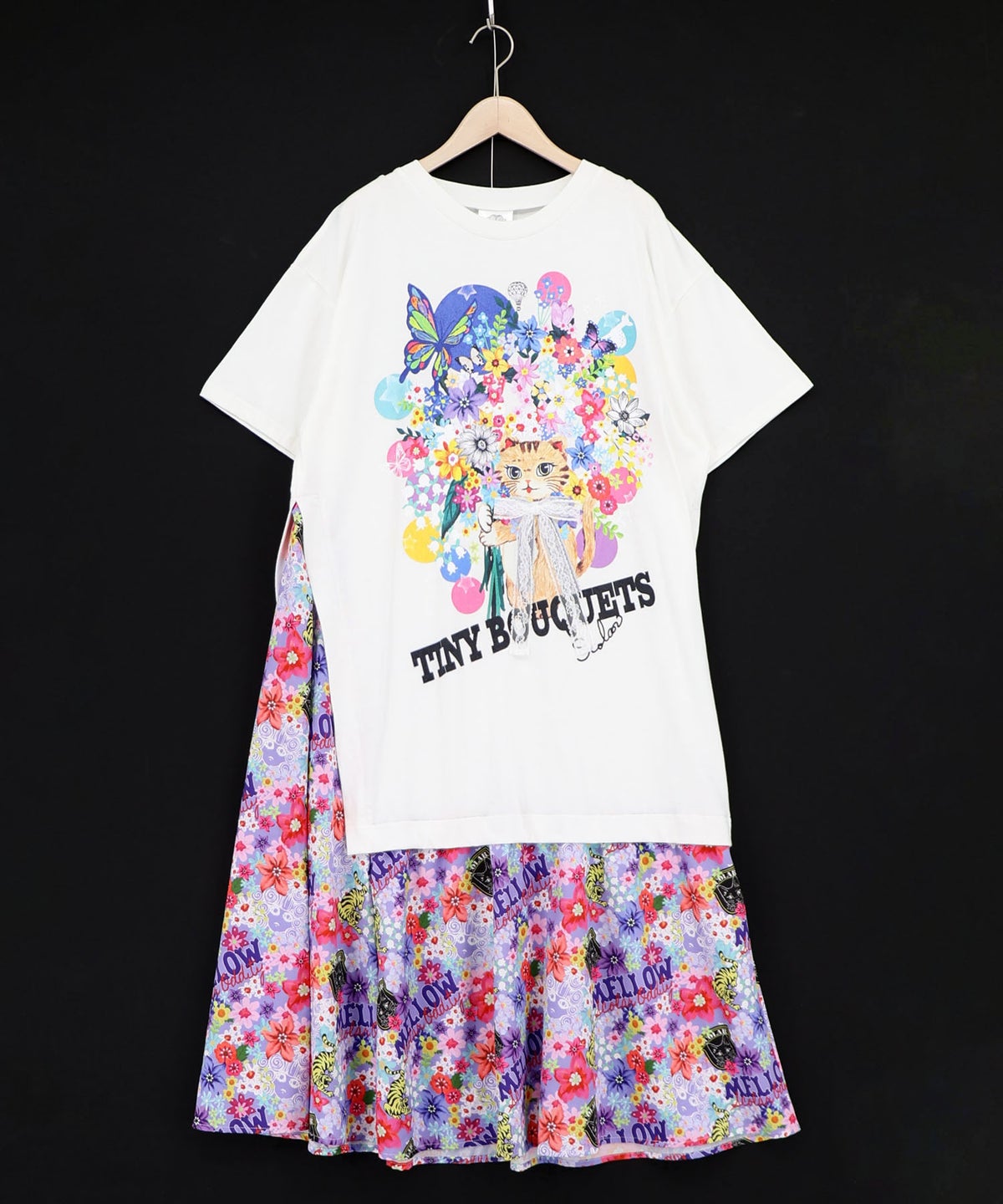 レースリボン×花ネコプリント 花柄スリット切替ワンピース-9