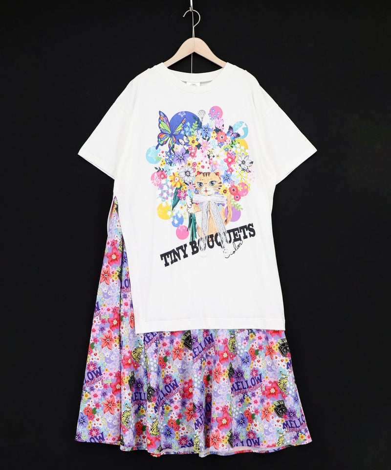 レースリボン×花ネコプリント 花柄スリット切替ワンピース-9