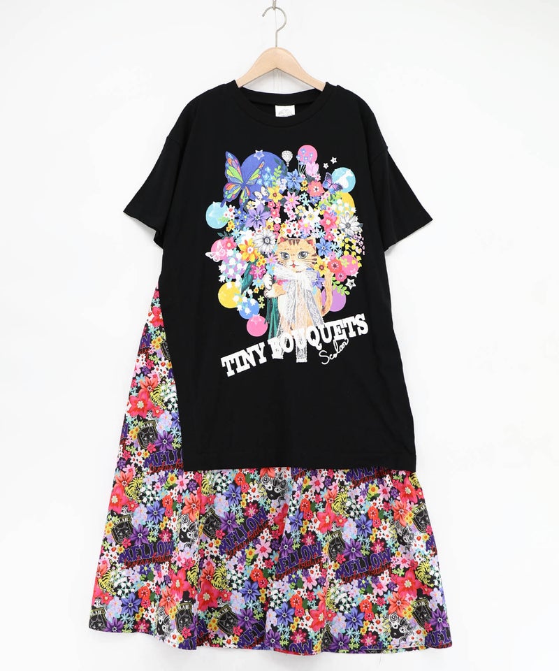 レースリボン×花ネコプリント 花柄スリット切替ワンピース-11