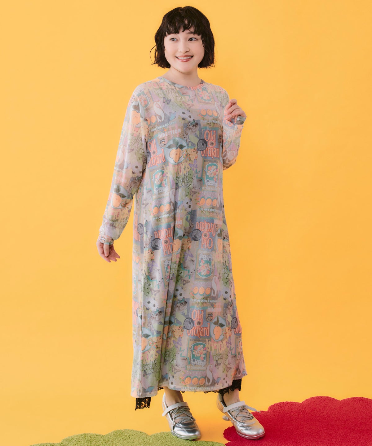 4柄展開 ロングスリーブソフトチュールワンピース-1
