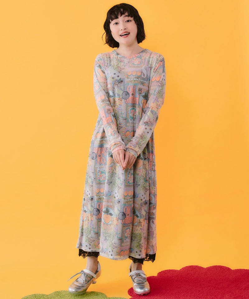 4柄展開 ロングスリーブソフトチュールワンピース-2