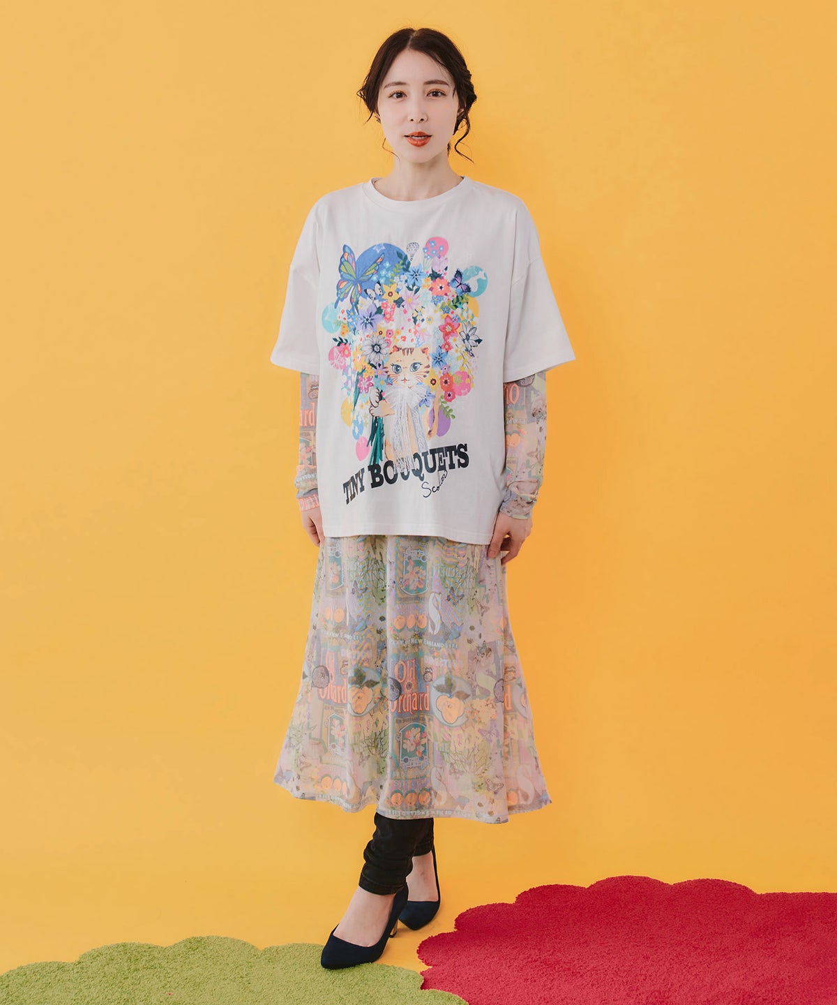 レースリボン付き 花ネコ柄Tシャツ-2