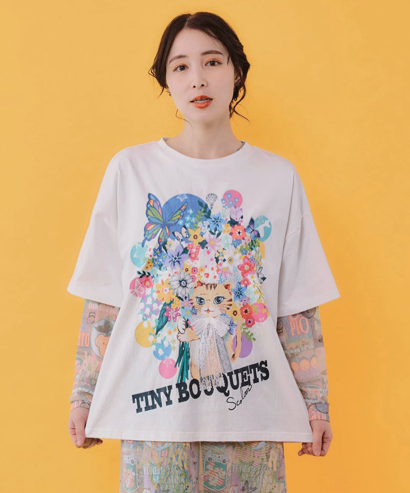 レースリボン付き 花ネコ柄Tシャツ-3