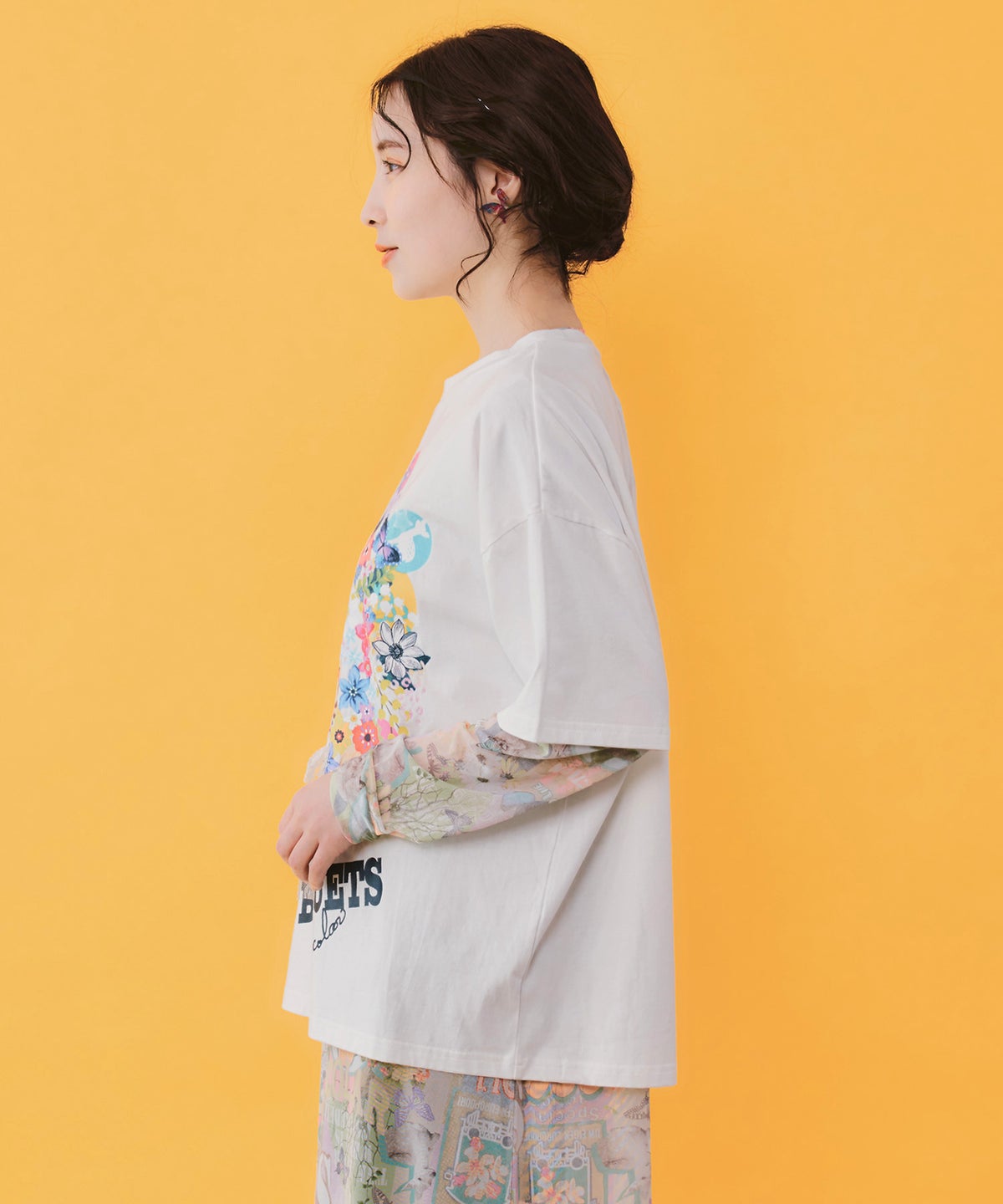 レースリボン付き 花ネコ柄Tシャツ-4