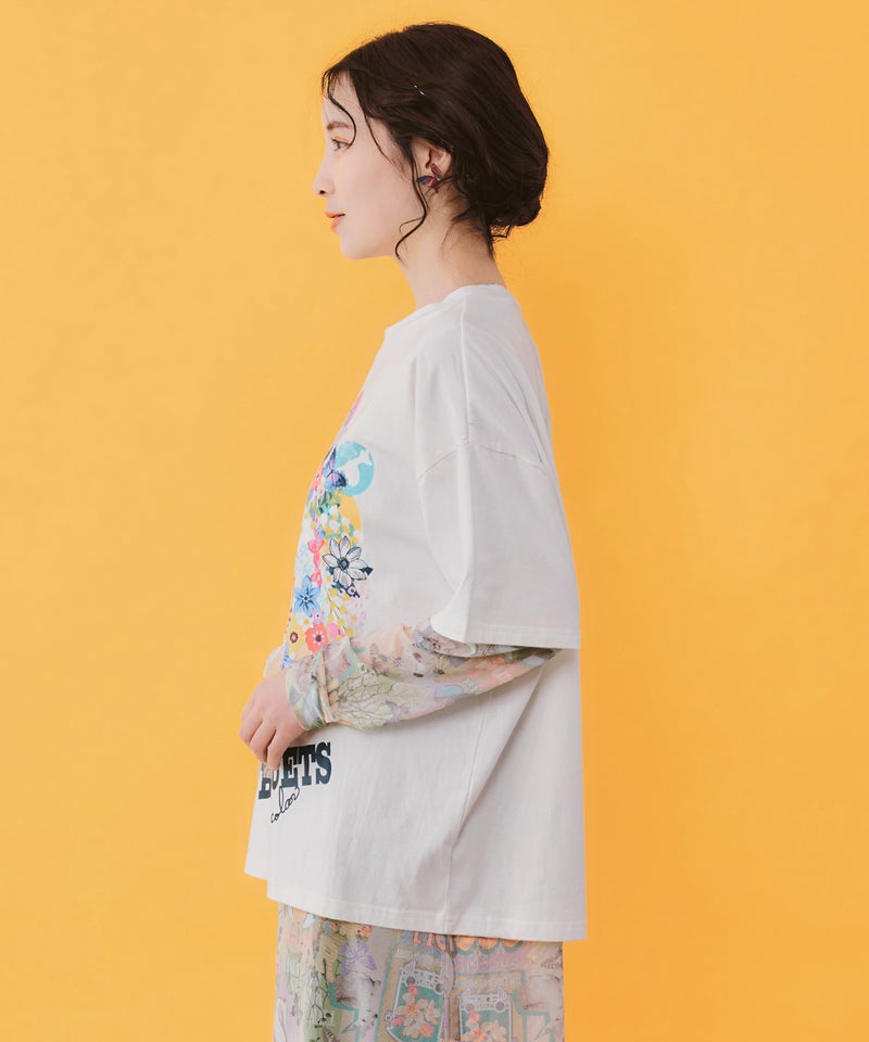 レースリボン付き 花ネコ柄Tシャツ-4