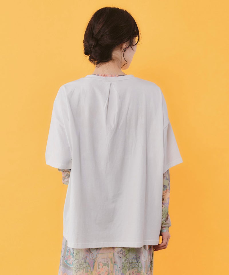 レースリボン付き 花ネコ柄Tシャツ-5