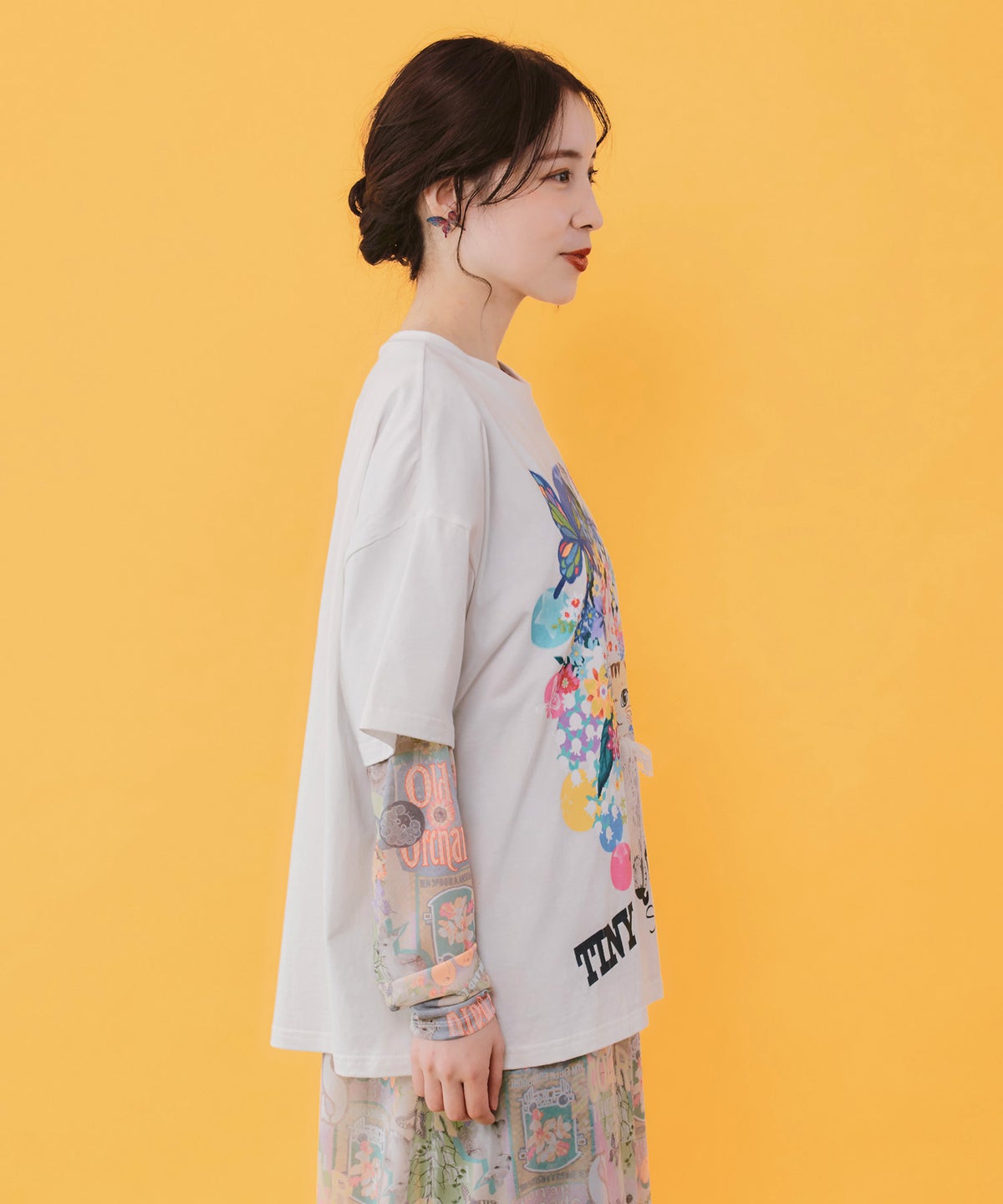 レースリボン付き 花ネコ柄Tシャツ-6