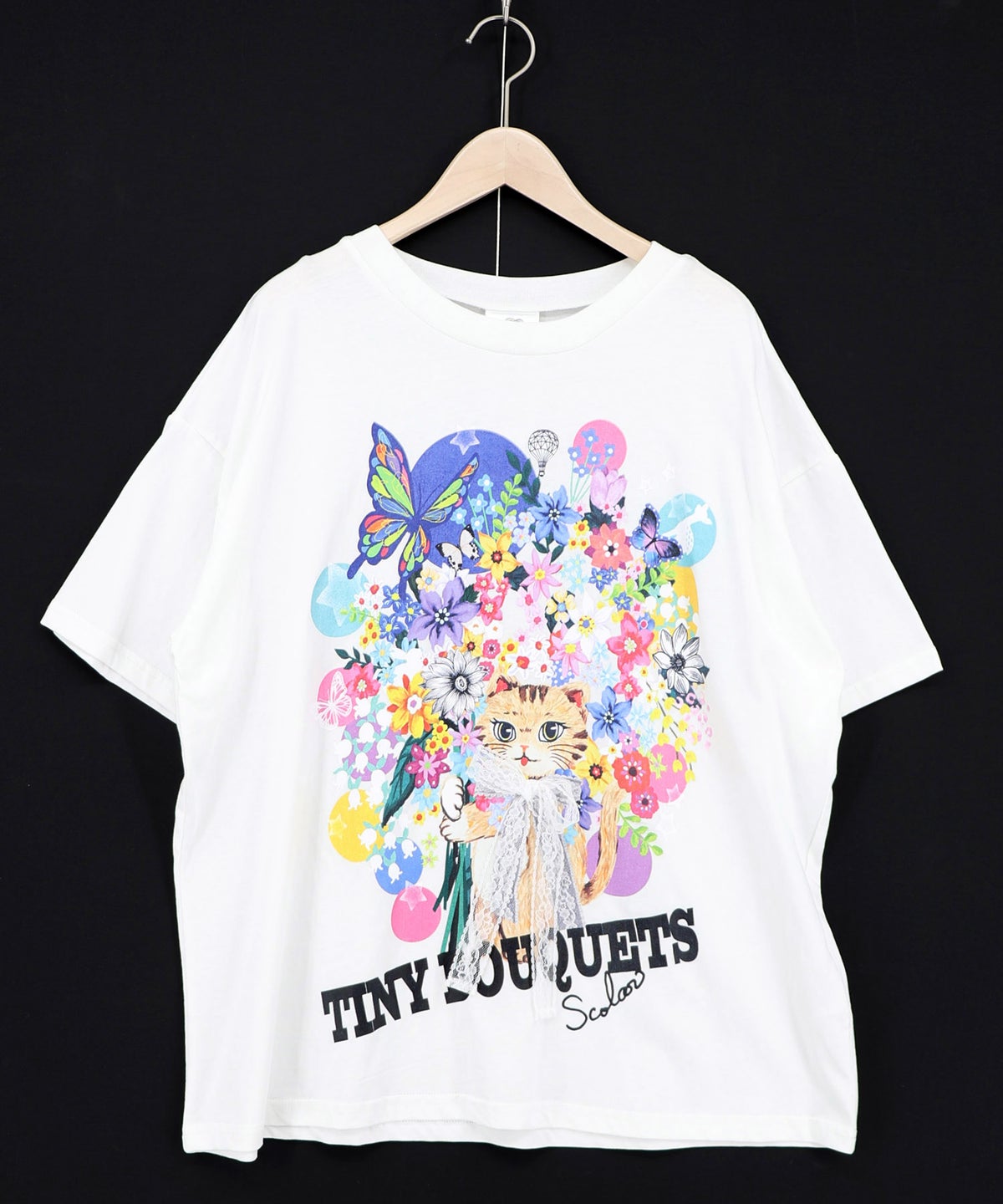 レースリボン付き 花ネコ柄Tシャツ-9