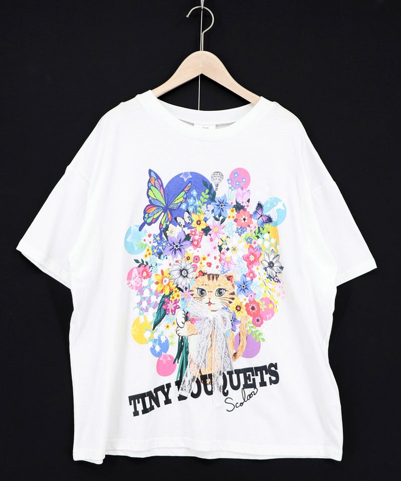 レースリボン付き 花ネコ柄Tシャツ-9