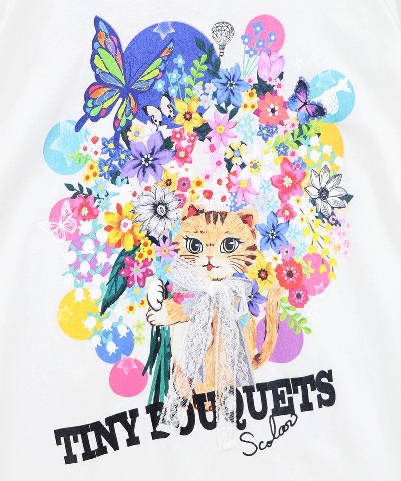 レースリボン付き 花ネコ柄Tシャツ-10