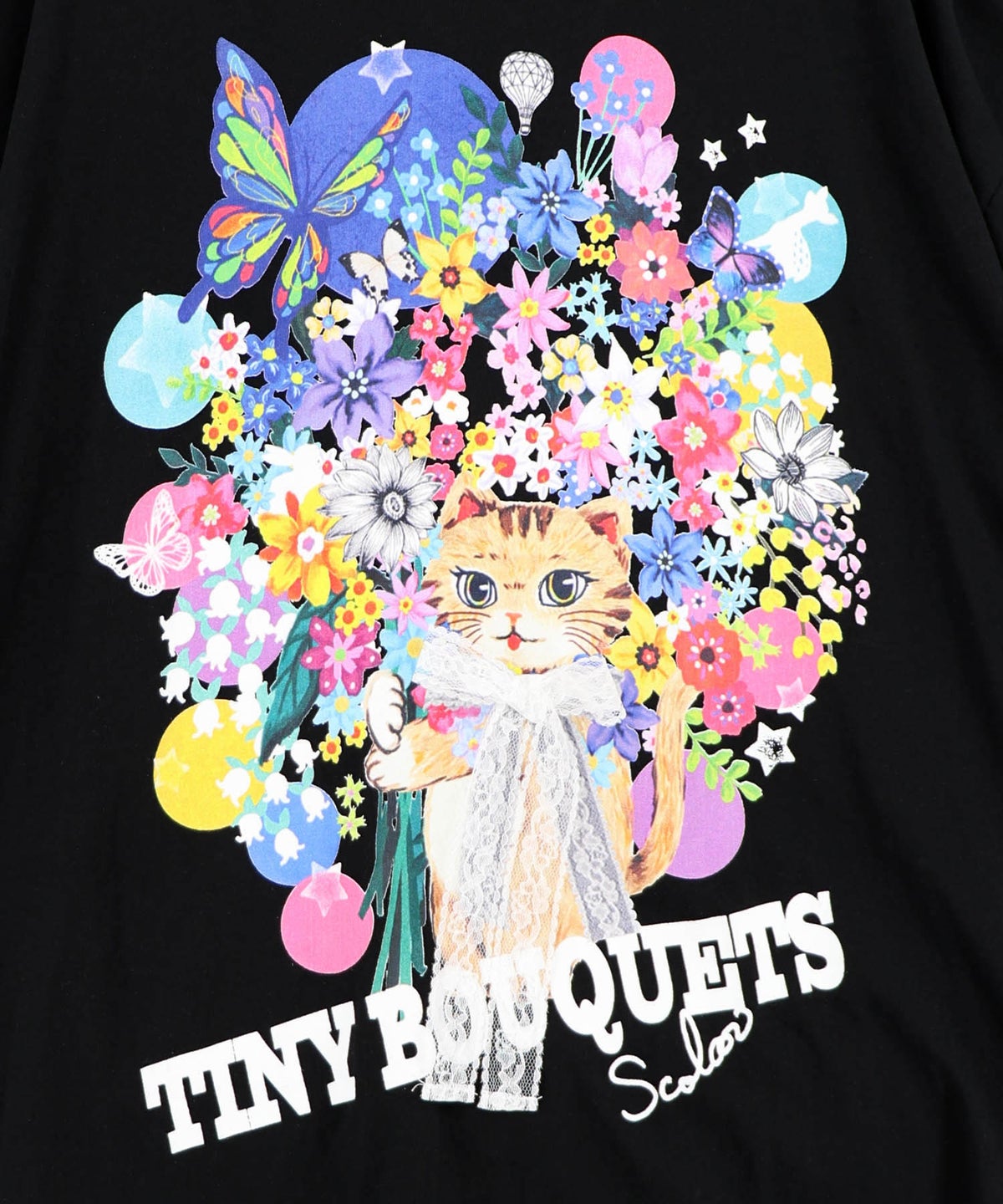 レースリボン付き 花ネコ柄Tシャツ-12