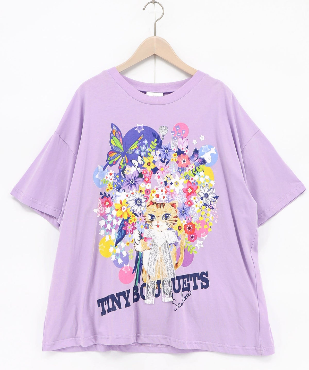 レースリボン付き 花ネコ柄Tシャツ-3