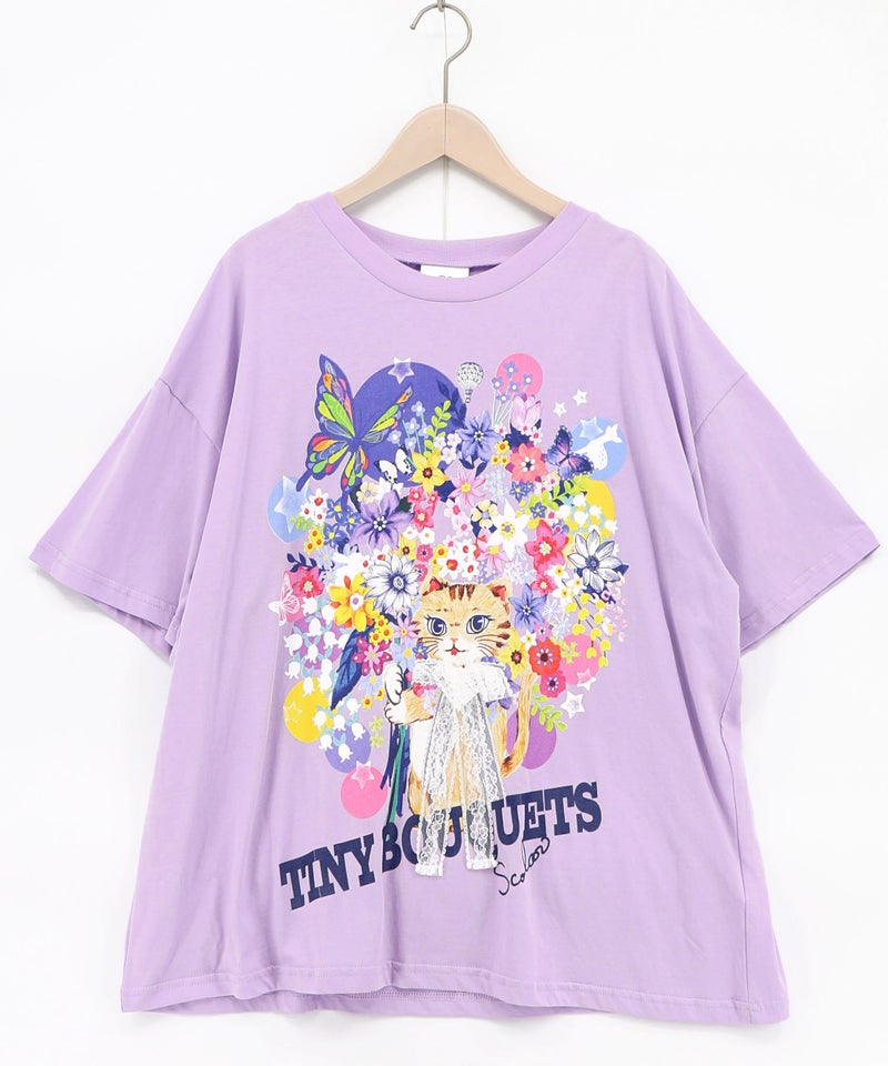 レースリボン付き 花ネコ柄Tシャツ-3