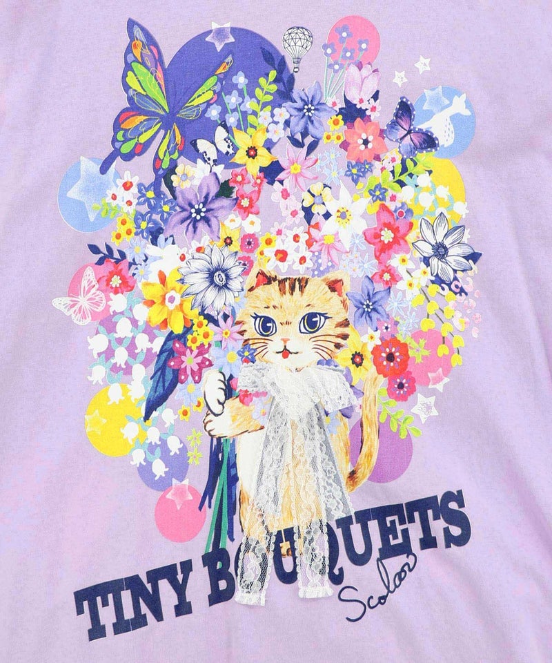 レースリボン付き 花ネコ柄Tシャツ-14