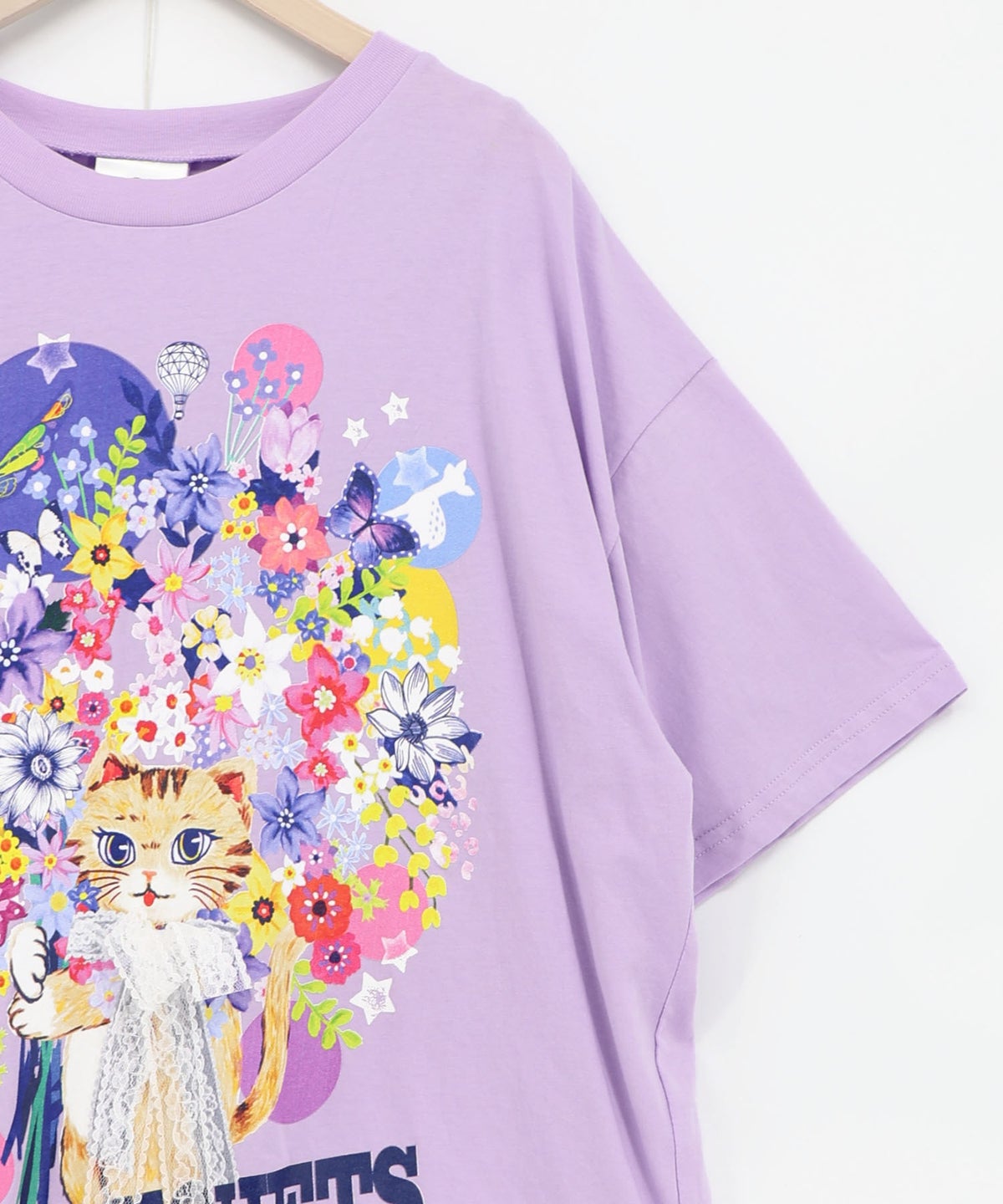 レースリボン付き 花ネコ柄Tシャツ-16