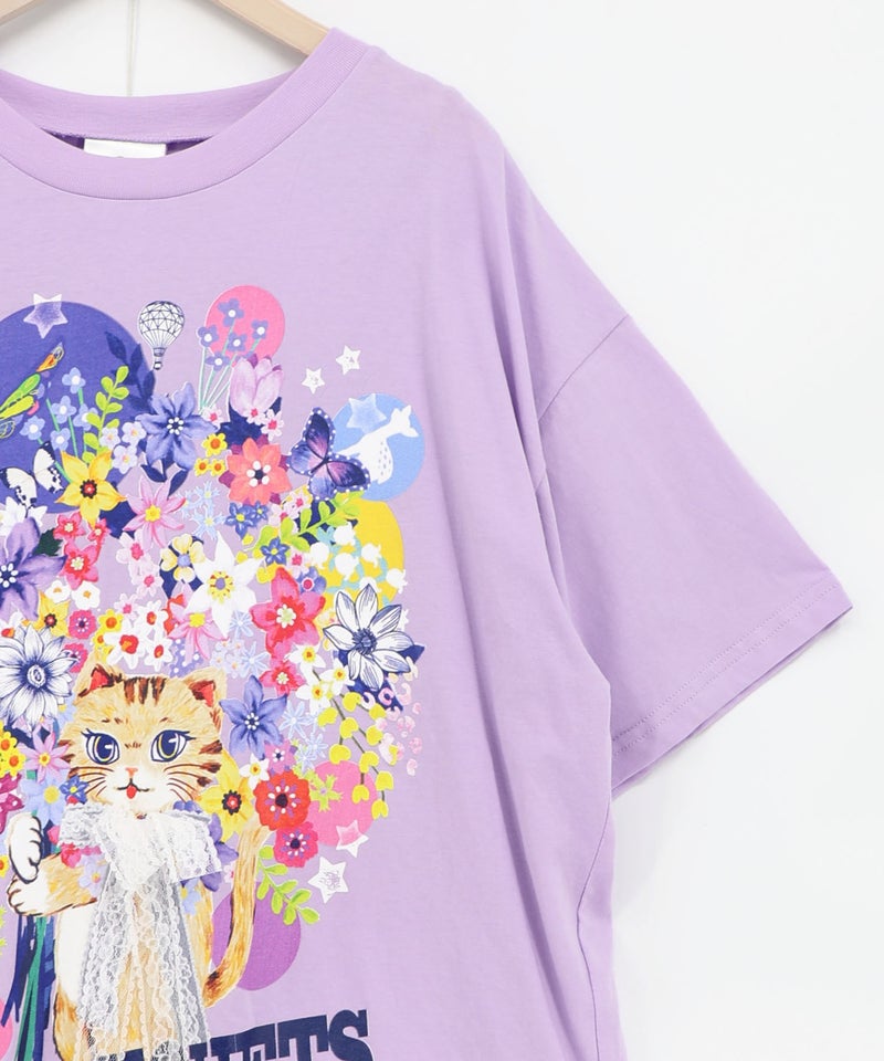 レースリボン付き 花ネコ柄Tシャツ-16