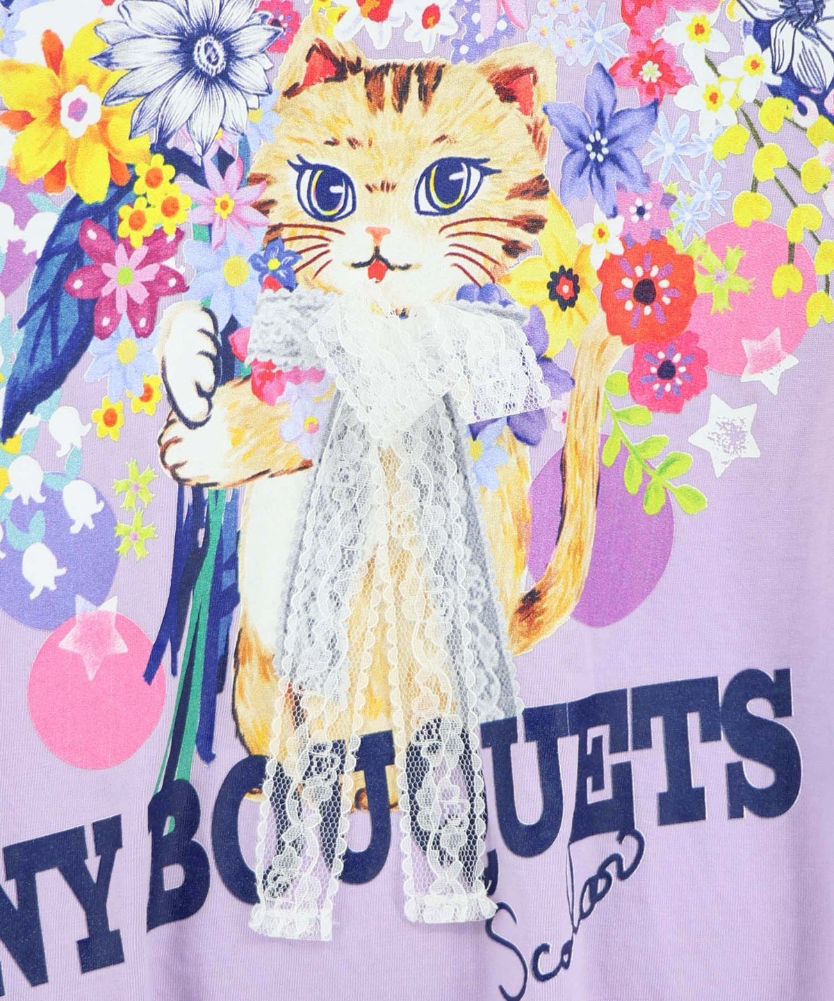 レースリボン付き 花ネコ柄Tシャツ-18