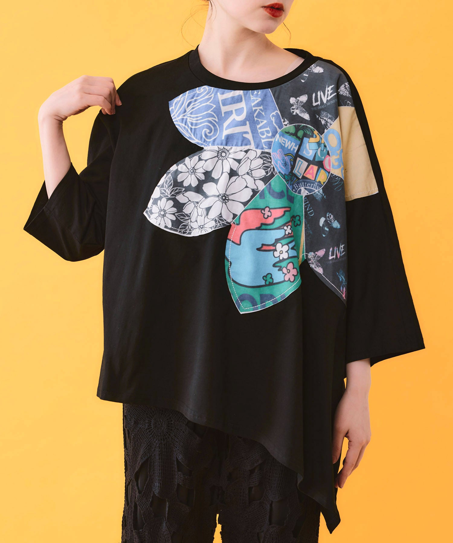 162673：総柄大花コラージュ アシメプルオーバーの通販-ScoLar