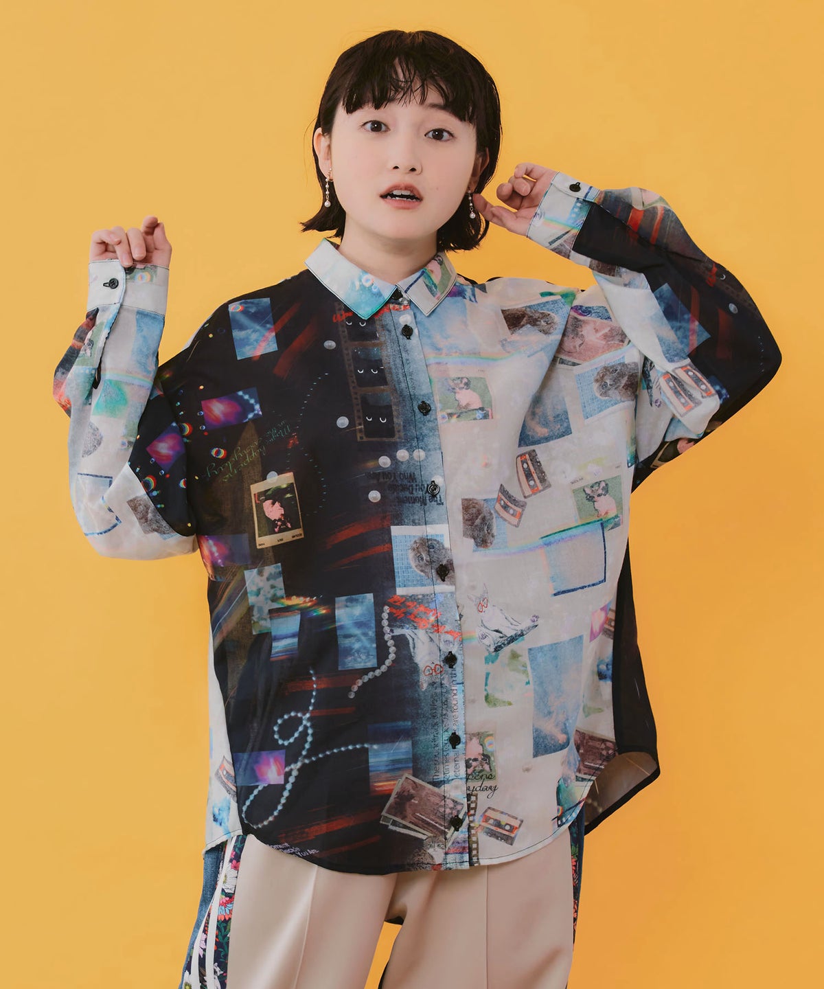ポラロイド柄or花ネコストライプ柄 ガーゼシャツ-1