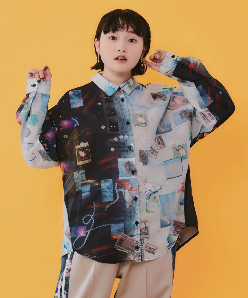 ポラロイド柄or花ネコストライプ柄 ガーゼシャツ-1