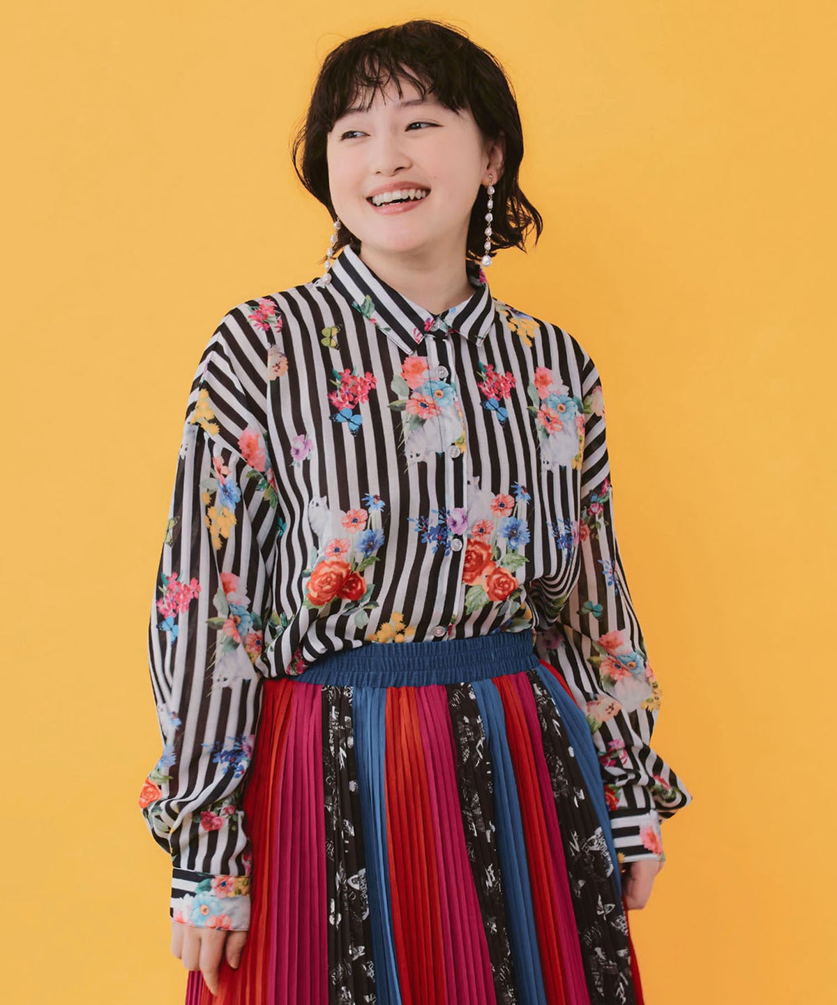 ポラロイド柄or花ネコストライプ柄 ガーゼシャツ-7