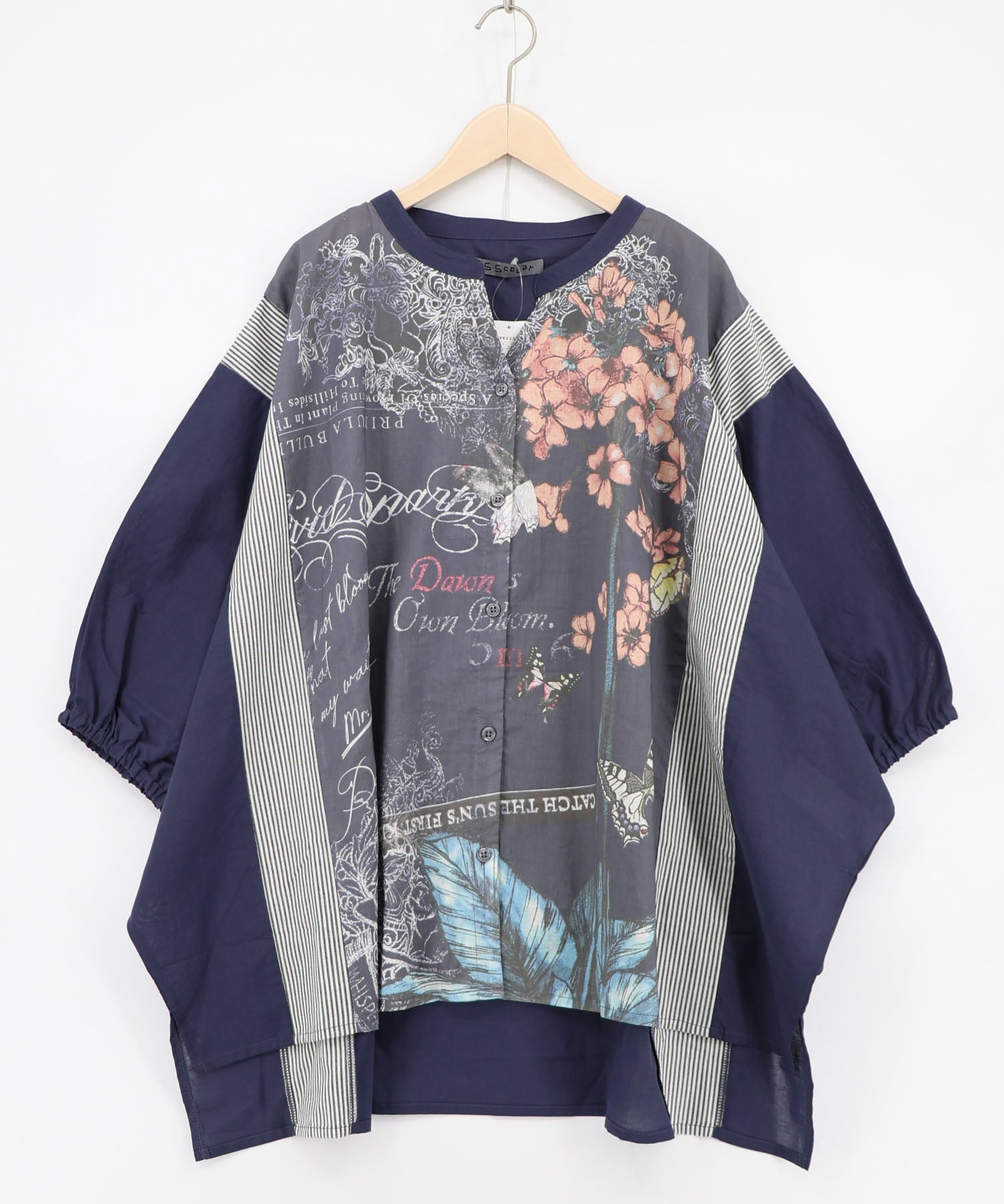 562230：お花柄 ストライプ入り素材切替シャツの通販-ScoLar
