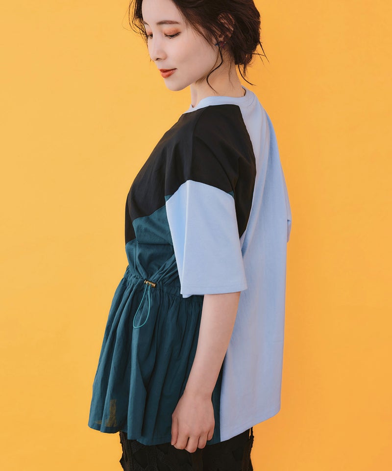楽器×お花のブローチ柄 アシメ配色切替チュニック-7