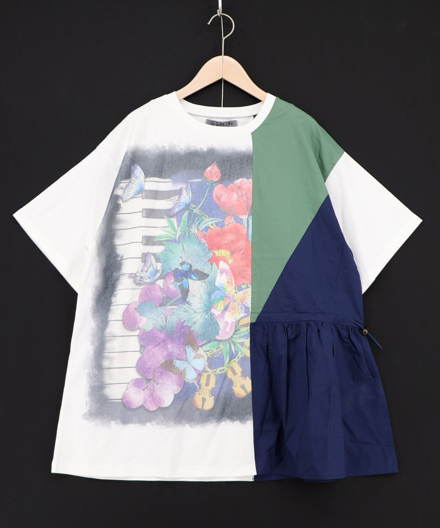 562227：楽器×お花のブローチ柄 アシメ配色切替チュニックの通販-ScoLar