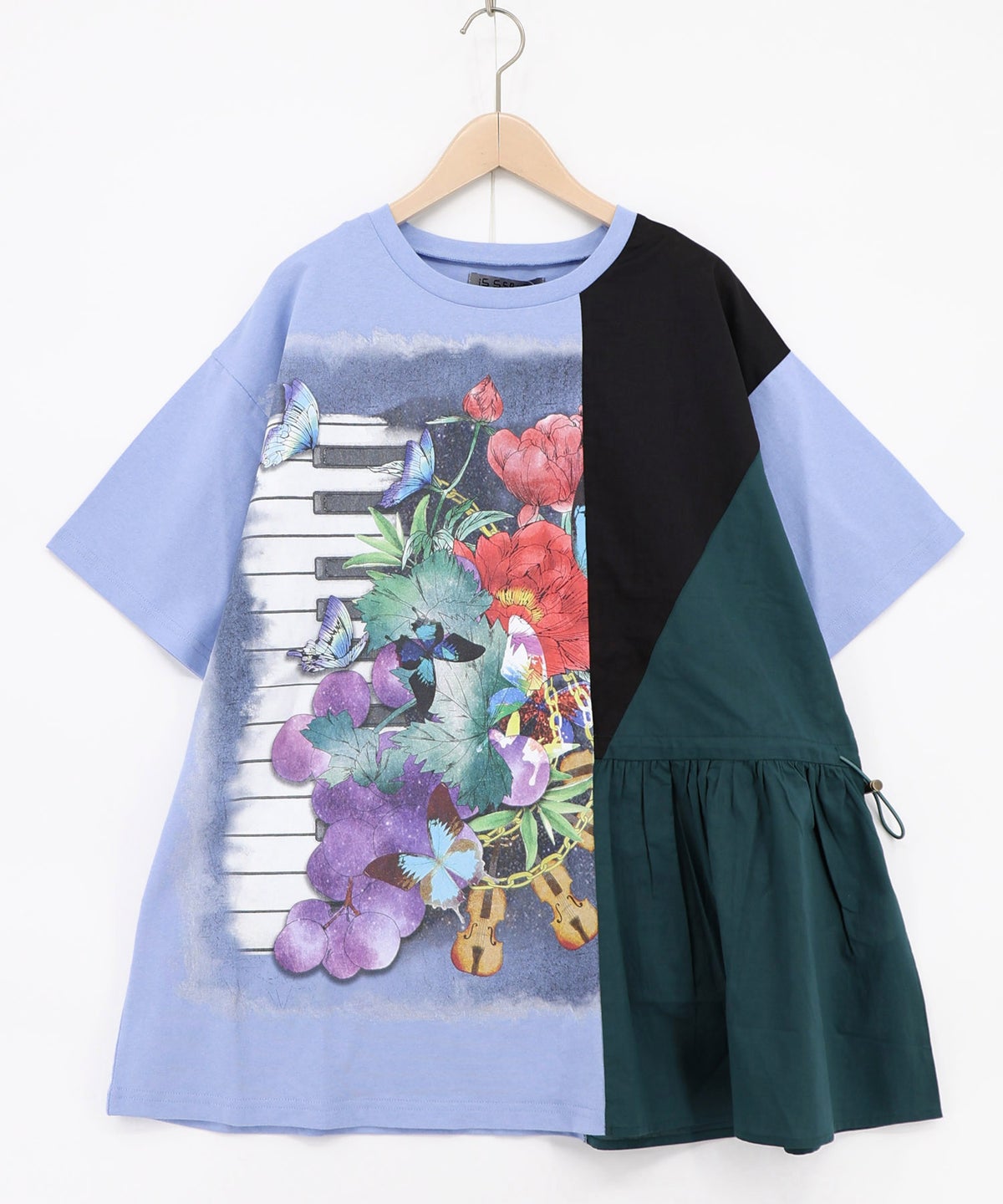 楽器×お花のブローチ柄 アシメ配色切替チュニック-14