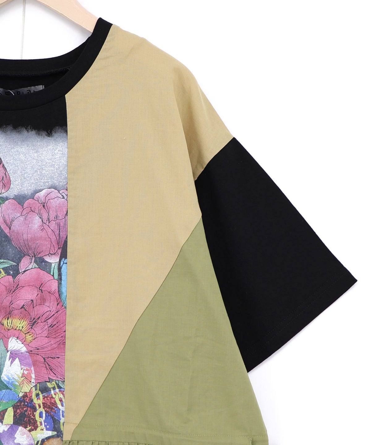 楽器×お花のブローチ柄 アシメ配色切替チュニック-18