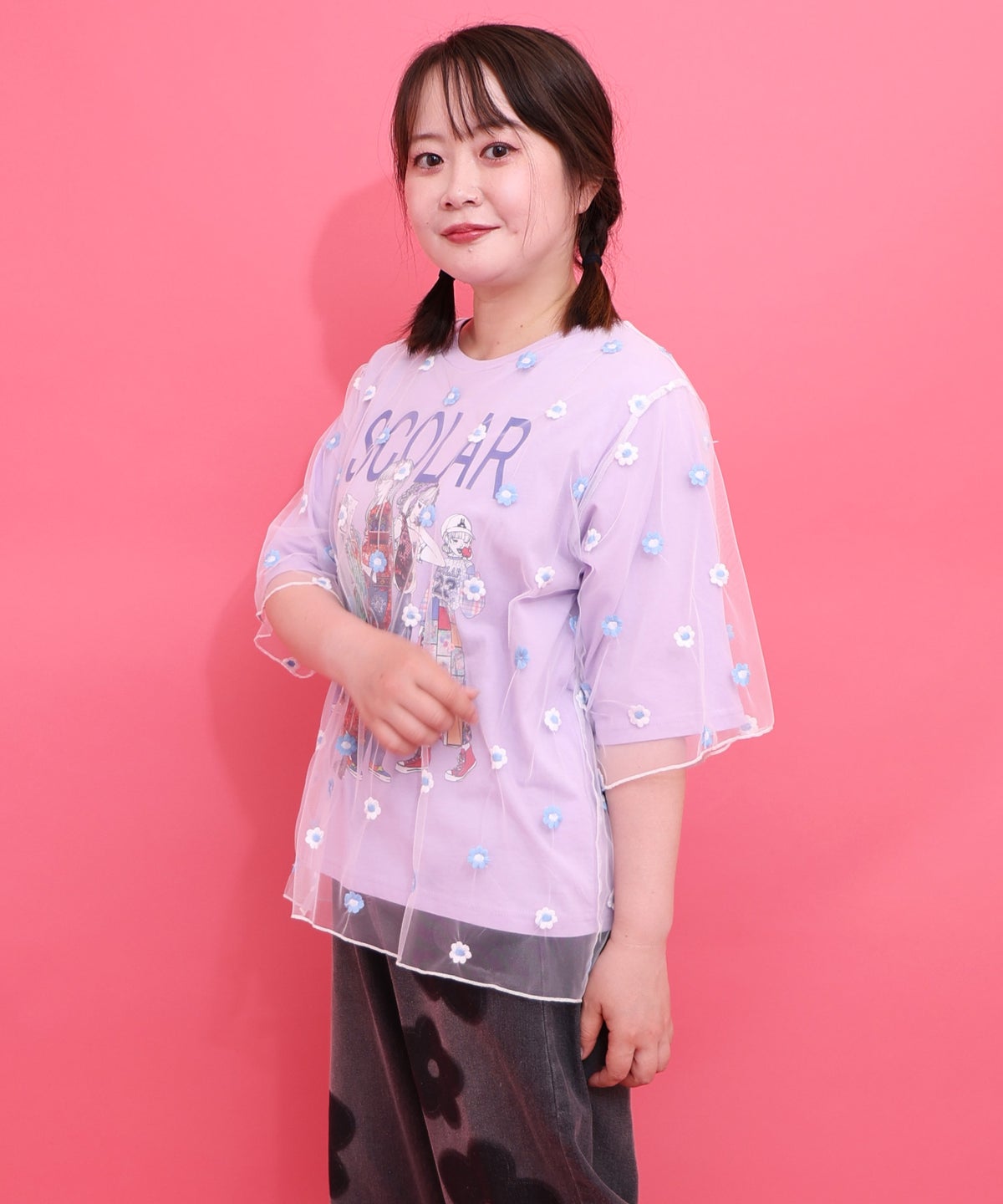 スカラーガールズ 花刺繍チュール重ねTシャツ-3