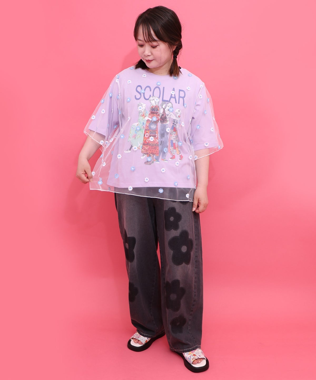 スカラーガールズ 花刺繍チュール重ねTシャツ-4