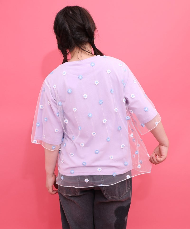 スカラーガールズ 花刺繍チュール重ねTシャツ-5