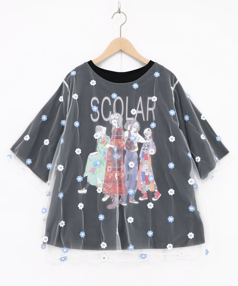 スカラーガールズ 花刺繍チュール重ねTシャツ-11