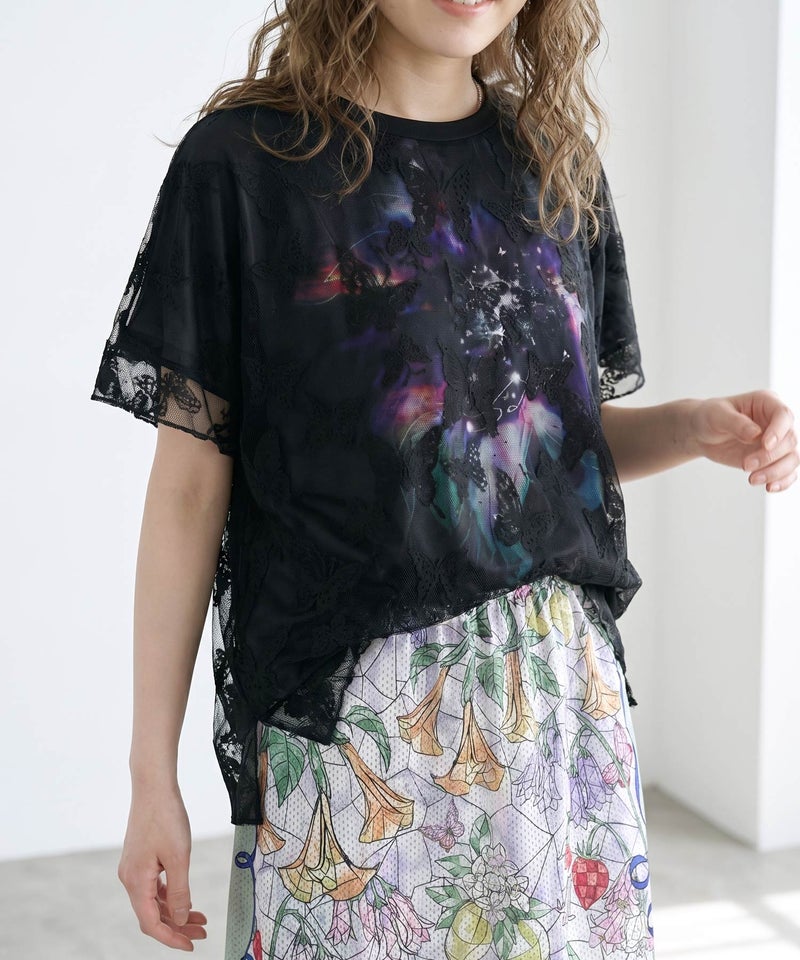 蝶々チュール重ね 花蝶柄Tシャツ-1