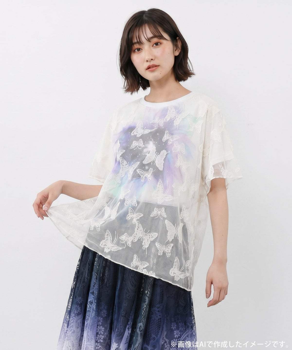 蝶々チュール重ね 花蝶柄Tシャツ-2