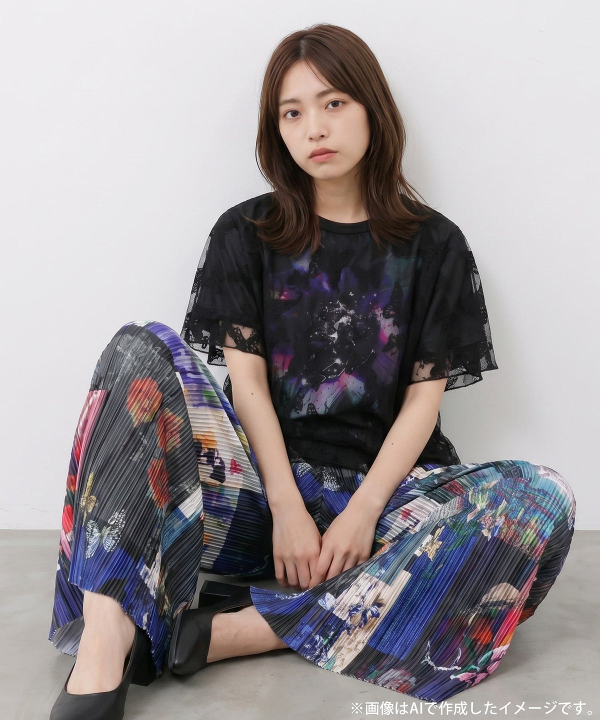 蝶々チュール重ね 花蝶柄Tシャツ-2