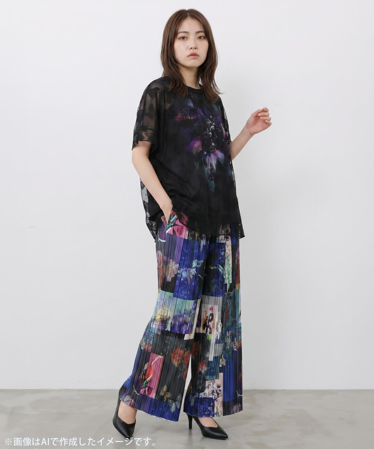 蝶々チュール重ね 花蝶柄Tシャツ-4