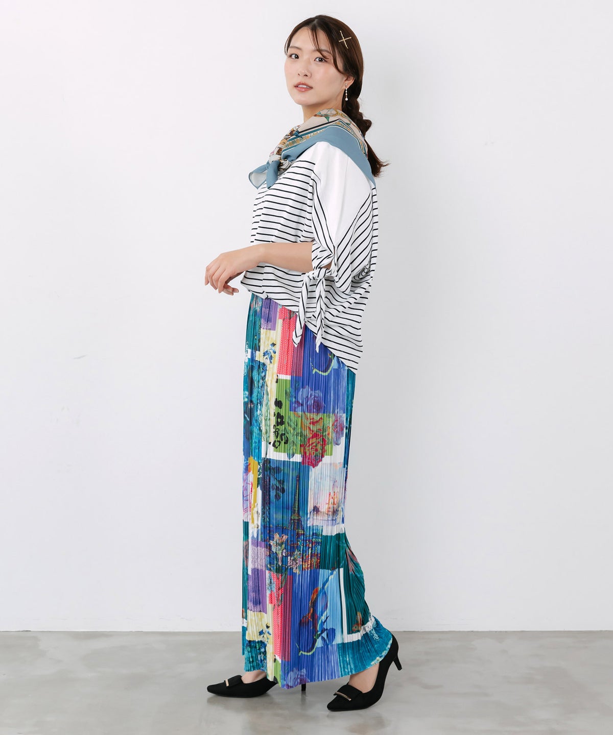 楽器×花コラージュ柄 ボドレー素材ワイドパンツ-4