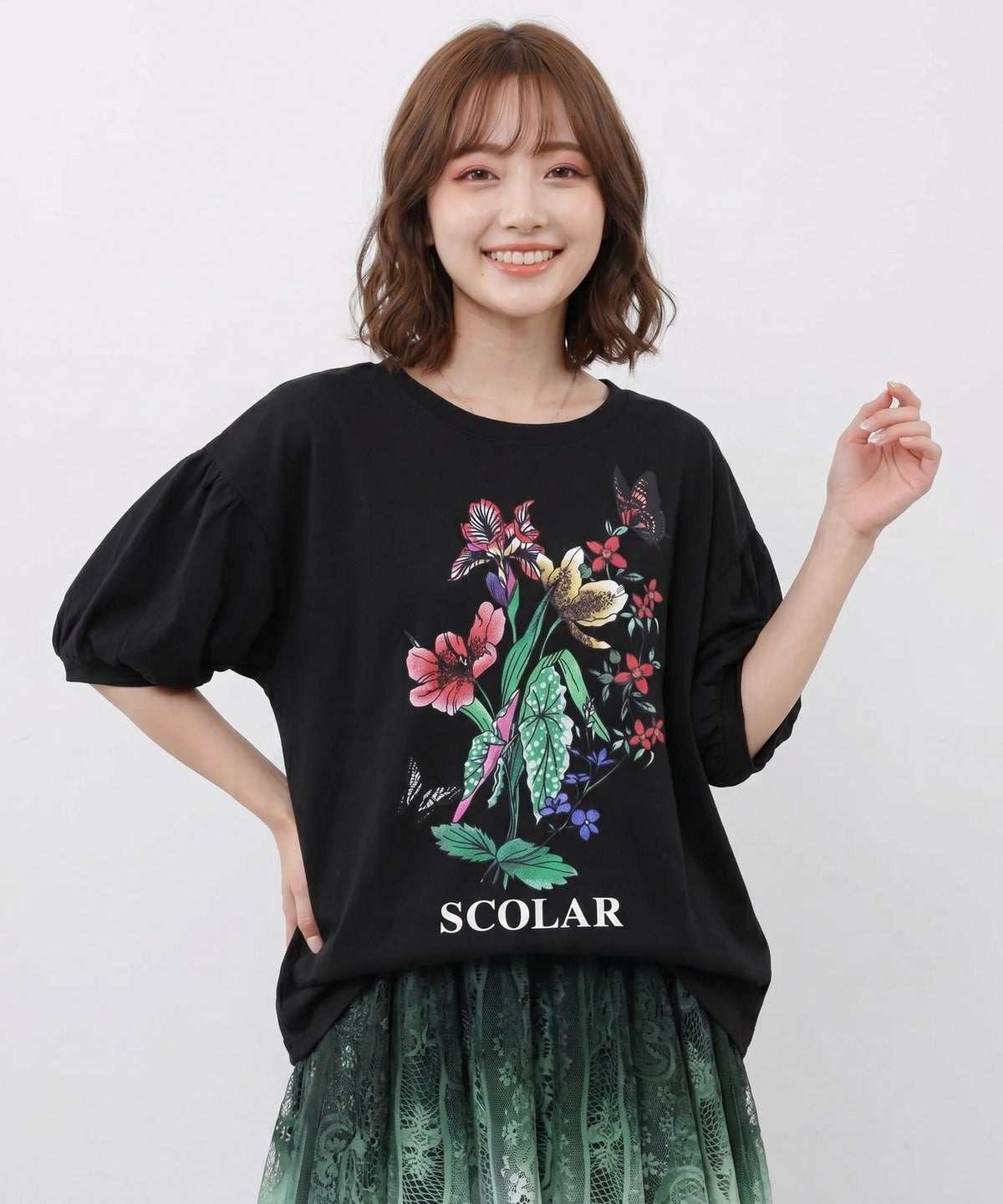 熱帯花柄 袖ギャザー入りTシャツ-1