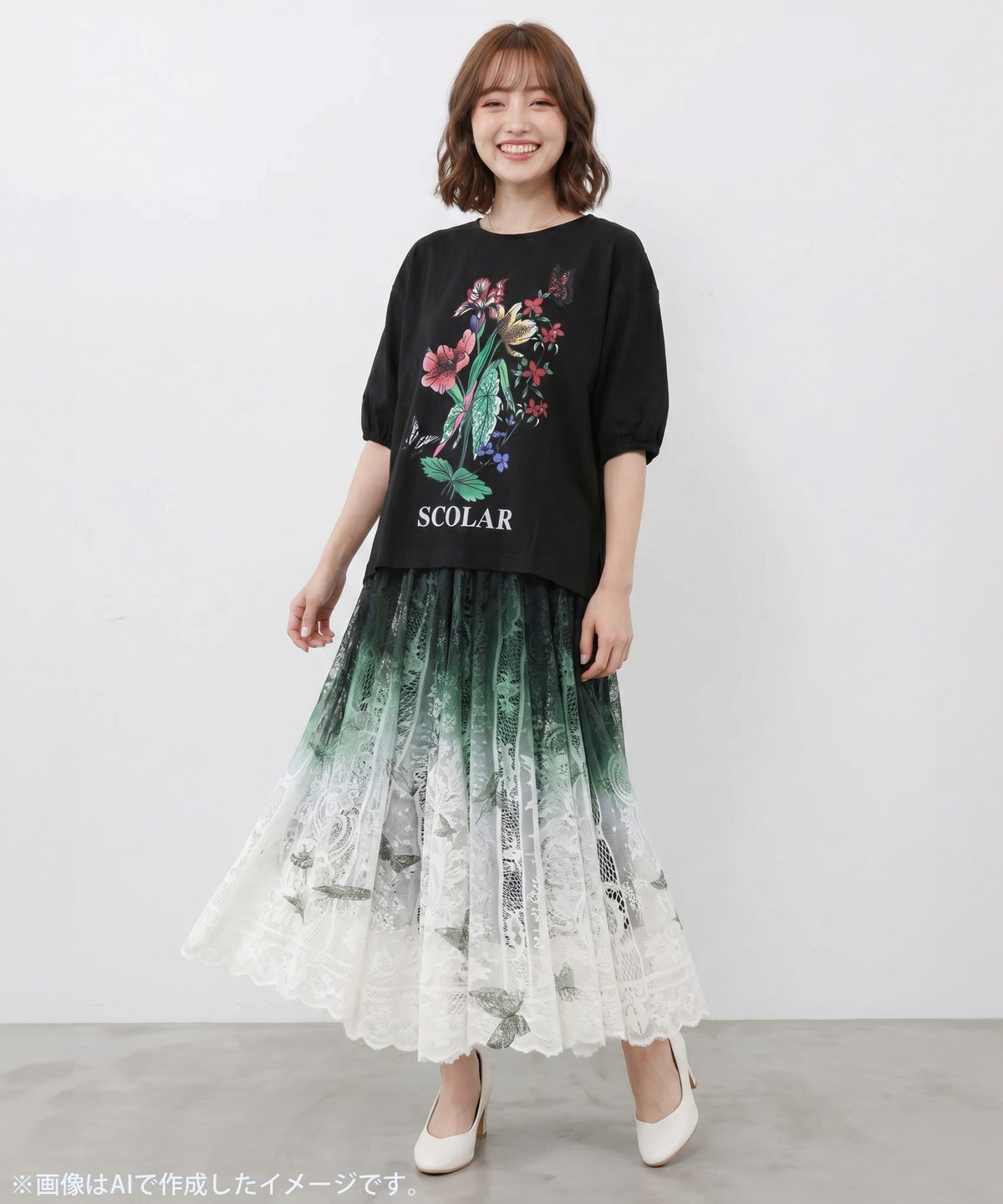 熱帯花柄 袖ギャザー入りTシャツ-2