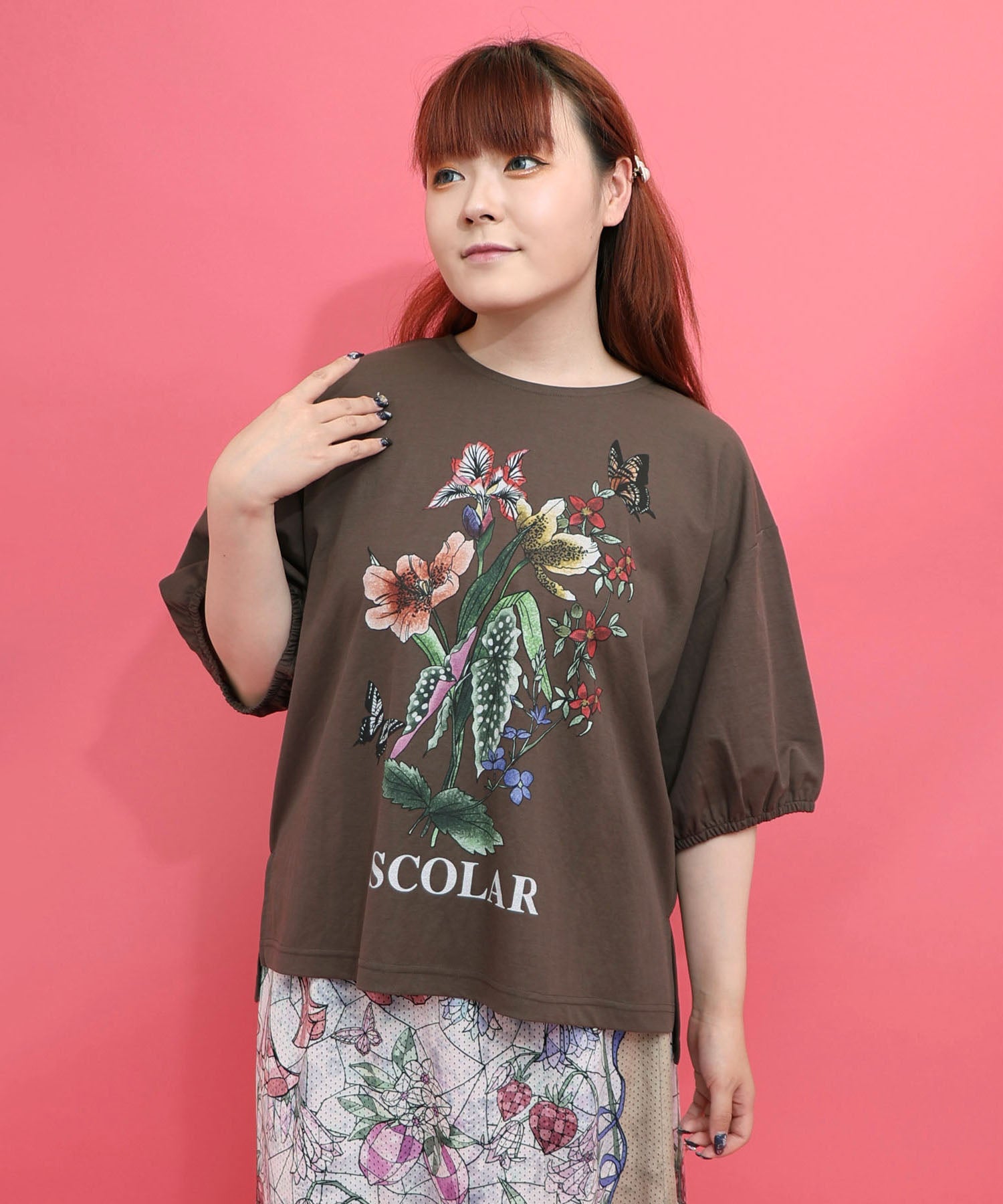 162703：熱帯花柄 袖ギャザー入りTシャツの通販-ScoLar