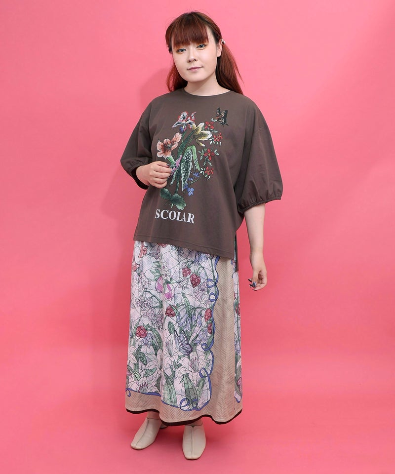 熱帯花柄 袖ギャザー入りTシャツ-4
