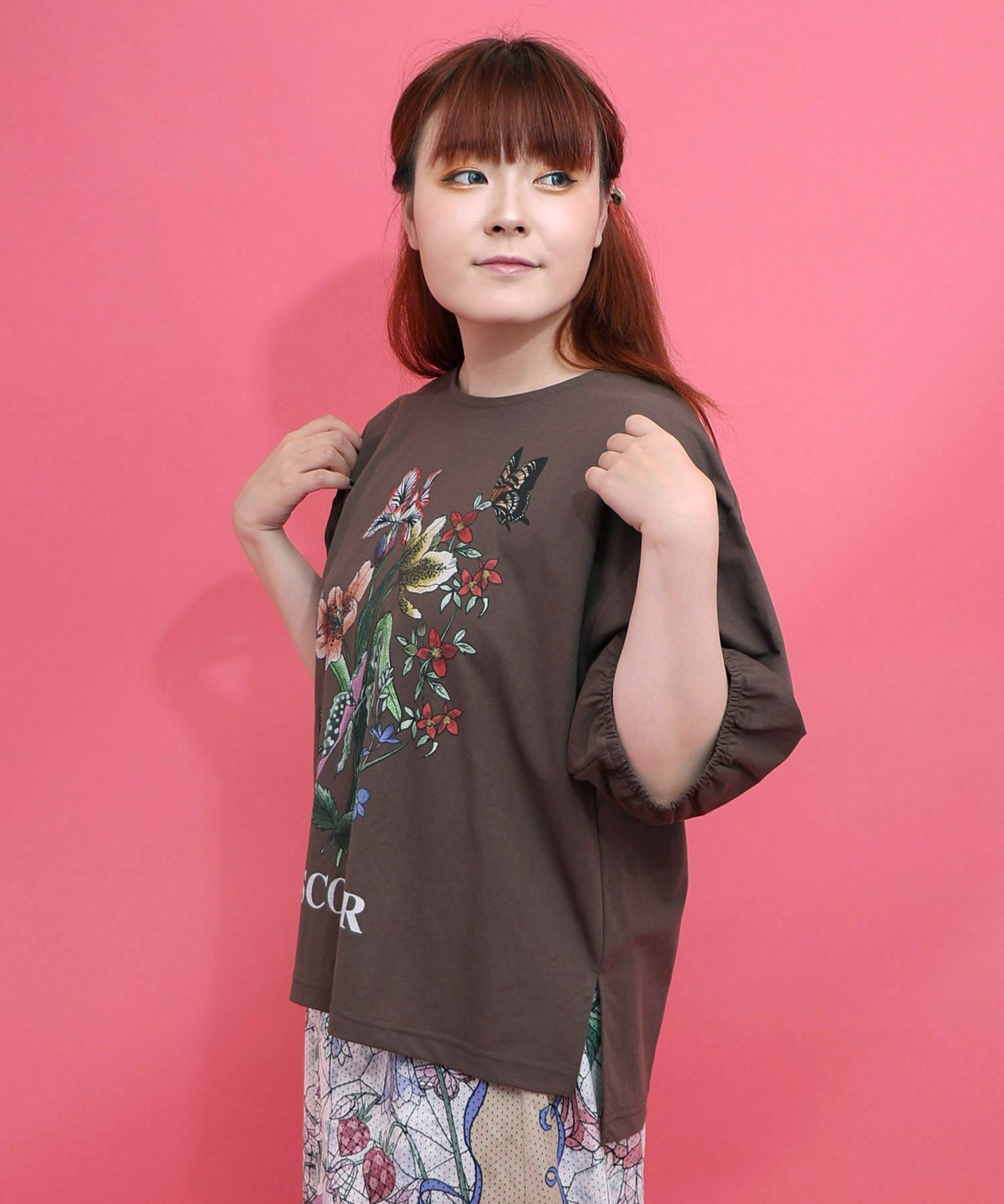 熱帯花柄 袖ギャザー入りTシャツ-5