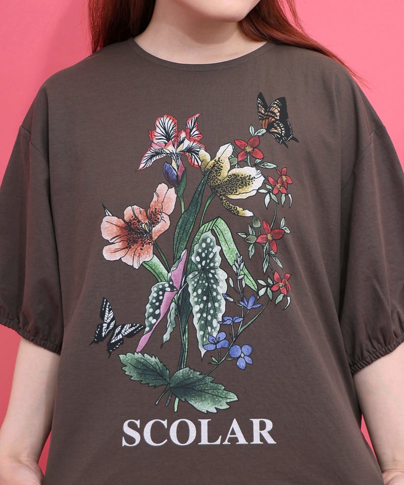 熱帯花柄 袖ギャザー入りTシャツ-7