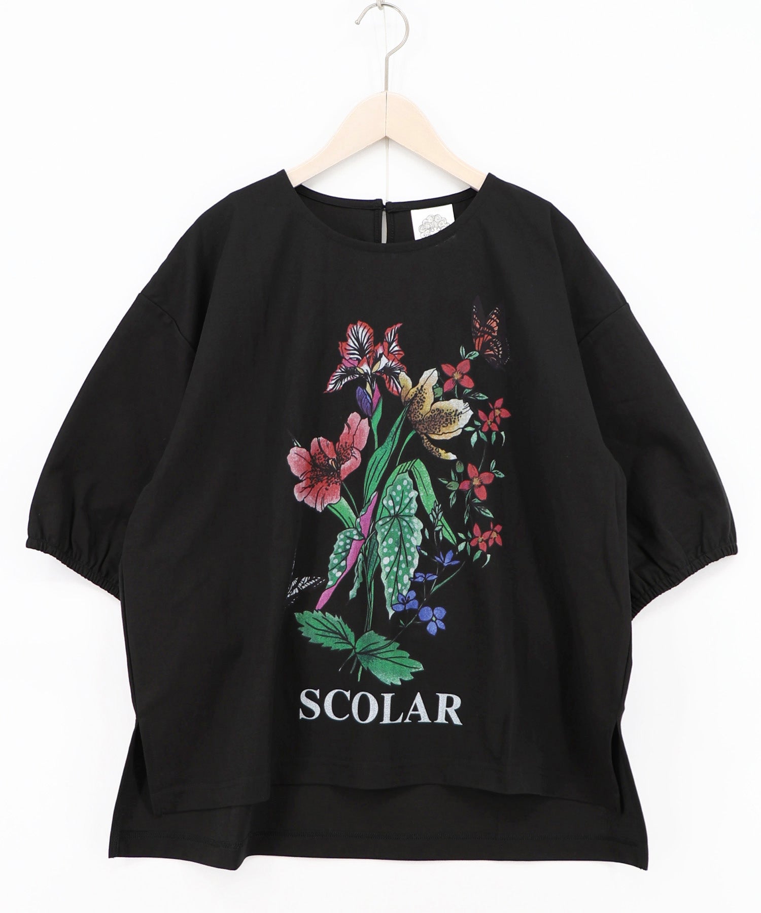 162703：熱帯花柄 袖ギャザー入りTシャツの通販-ScoLar